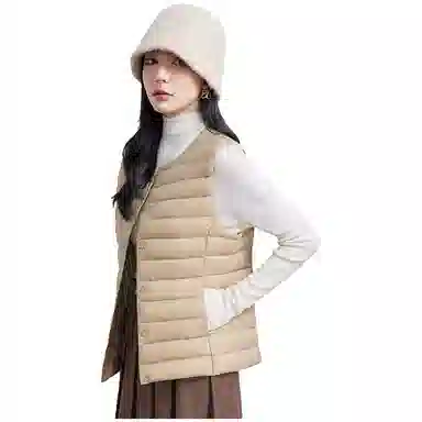 鸭鸭 纯色单排扣圆领无袖内搭外穿百搭日系极简风羽绒马甲 女款