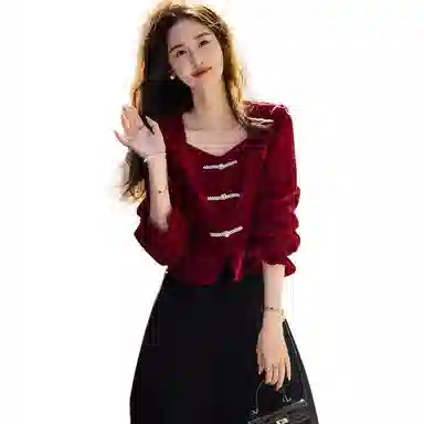 【dme】 纯色丝绒典雅方领珍珠盘扣荷叶边长袖衬衫 女款