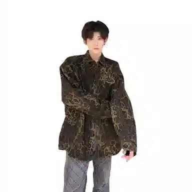 美式高街复古豹纹水洗宽松舒适单排扣夹克潮流百搭牛仔外套长袖衬衫 男女同款