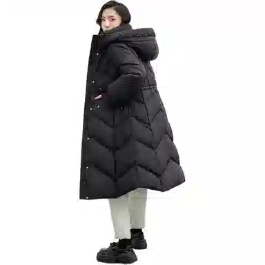 鸭鸭 纯色立领连帽修身长款过膝花边袖口精致衍线熟女优雅气质羽绒服 女款