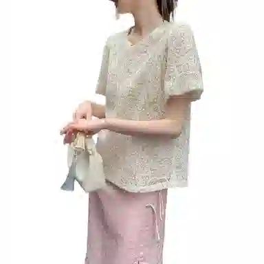 【dme】 圆领泡泡袖蕾丝短袖衬衫 女款 米白