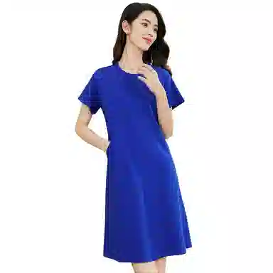 晚白  高腰圆领短袖连衣裙  女装  蓝色