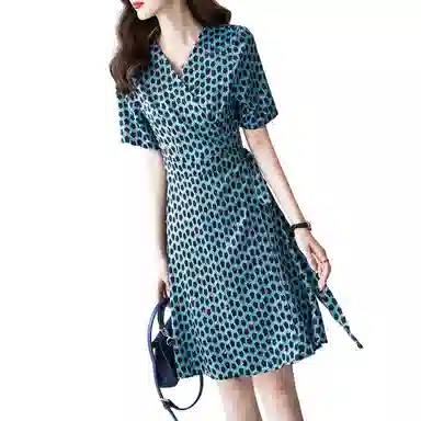 【dme】 复古满印休闲短袖连衣裙 钴蓝