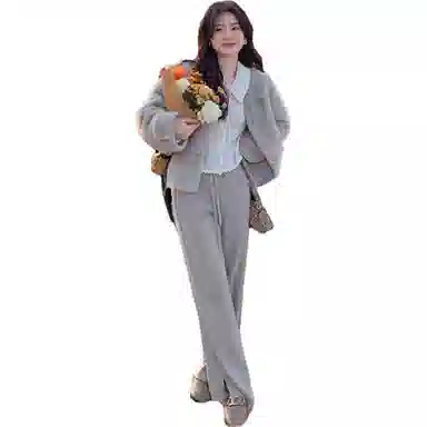 花栗鼠小姐 纯色竖条纹针织休闲裤 女款