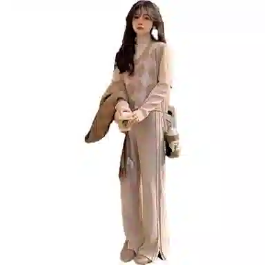 花栗鼠小姐 纯色竖条纹针织休闲裤 女款