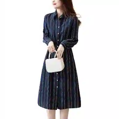 【dme】 翻领复古简约条纹长袖连衣裙 藏青色