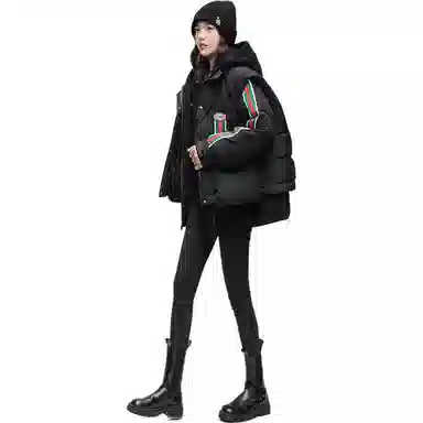 鸭鸭 条纹连帽拉链长袖羽绒服 女款