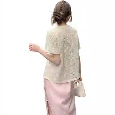 【dme】 圆领泡泡袖蕾丝短袖衬衫 女款 米白