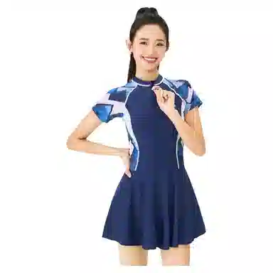 鸿星尔克 字母舒适细腻柔和亲肤短袖泳衣泳帽泳镜泳衣套装 女款