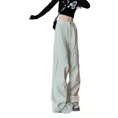 莫代尔 美式通勤纯色高腰宽松工装裤 女