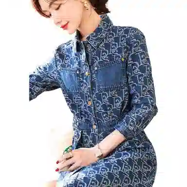 【dme】 元素图案满印单排扣长袖连衣裙 深牛仔蓝