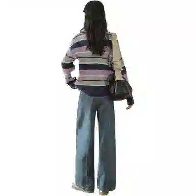 【dme】 时尚休闲宽松圆领长袖针织衫 女款 灰条纹色