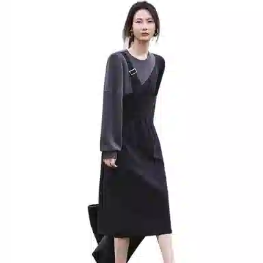 【dme】 圆领拼接假两件长袖连衣裙 女款 黑色