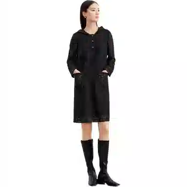 玖姿安娜蔻 纯色蕾丝连帽套头中腰中长款长袖连衣裙 女款