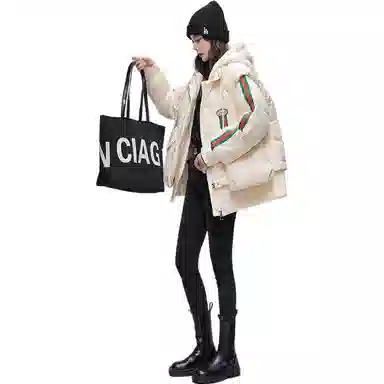 鸭鸭 条纹连帽拉链长袖羽绒服 女款