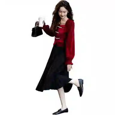 【dme】 纯色丝绒典雅方领珍珠盘扣荷叶边长袖衬衫 女款