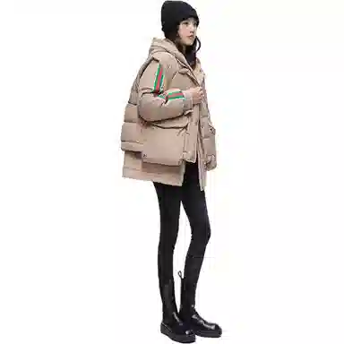 鸭鸭 条纹连帽拉链长袖羽绒服 女款