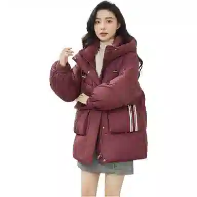 鸭鸭 纯色中长款韩版连帽面包服羽绒服 女款