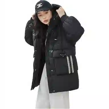 鸭鸭 纯色中长款韩版连帽面包服羽绒服 女款