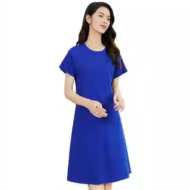 晚白  高腰圆领短袖连衣裙  女装  蓝色