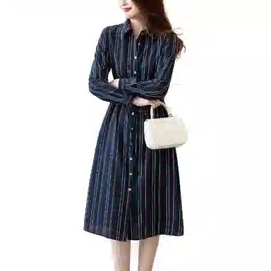 【dme】 翻领复古简约条纹长袖连衣裙 藏青色