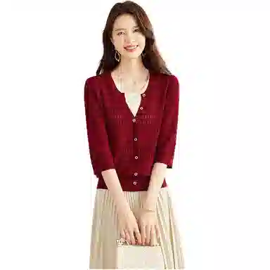 曲韩 镂空简约舒适圆领针织衫 女款