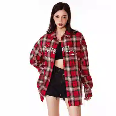 佐贝卡 格子字母刺绣长袖衬衫 女款