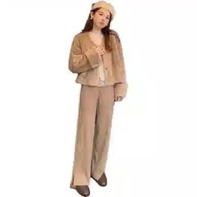 花栗鼠小姐 纯色竖条纹针织休闲裤 女款