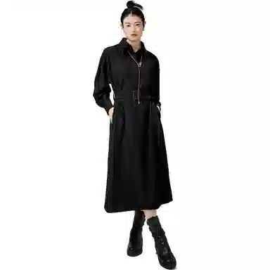 美洋 风衣式直筒长袖连衣裙 黑色