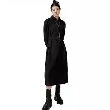 美洋 风衣式直筒长袖连衣裙 黑色