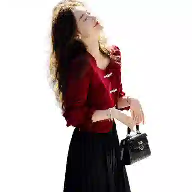 【dme】 纯色丝绒典雅方领珍珠盘扣荷叶边长袖衬衫 女款