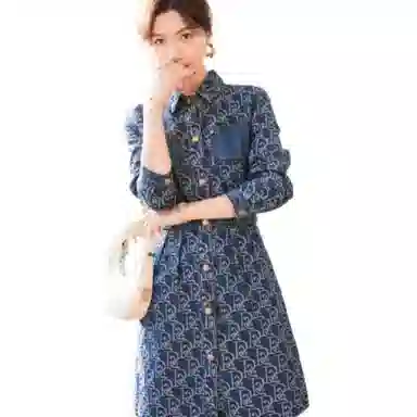 【dme】 元素图案满印单排扣长袖连衣裙 深牛仔蓝