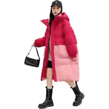 鸭鸭 中长款连帽撞色拼色韩版甜美校园风通勤时尚百搭羽绒服 女款