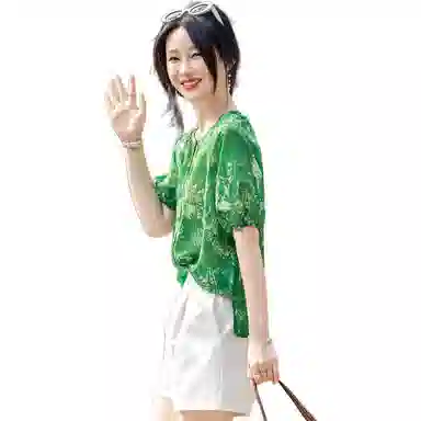 【dme】 薄荷曼波系列 小清新圆领印花花苞袖宽松短袖衬衫 女款 藻绿