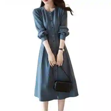 【dme】 圆领复古蓝长袖连衣裙 灰蓝