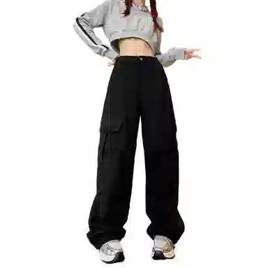 莫代尔 美式通勤纯色高腰宽松工装裤 女