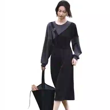 【dme】 圆领拼接假两件长袖连衣裙 女款 黑色