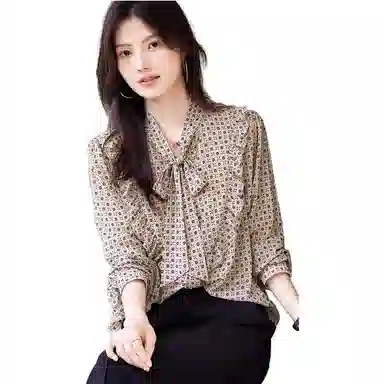 【dme】 舒适柔和系带碎花长袖衬衫 女款 杏色