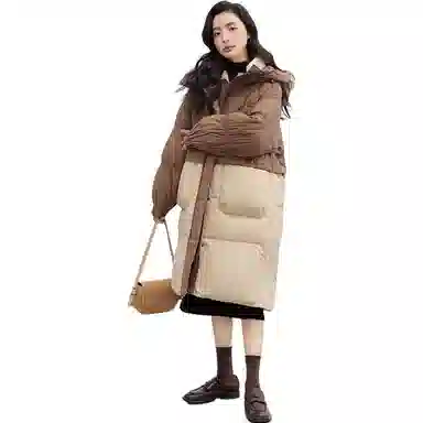 鸭鸭 中长款连帽撞色拼色韩版甜美校园风通勤时尚百搭羽绒服 女款