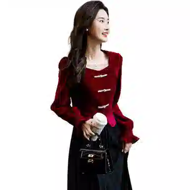 【dme】 纯色丝绒典雅方领珍珠盘扣荷叶边长袖衬衫 女款