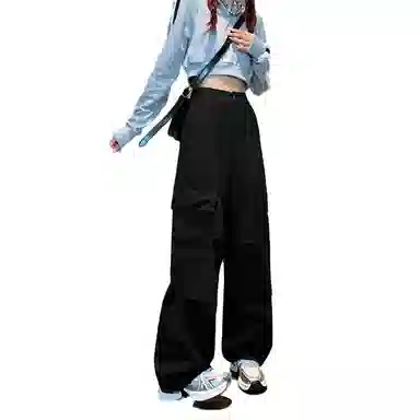 莫代尔 美式通勤纯色高腰宽松工装裤 女