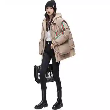 鸭鸭 条纹连帽拉链长袖羽绒服 女款