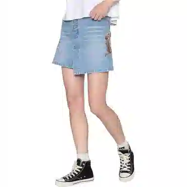 鬼洗 印花图案纽扣高腰合身不规则下摆休闲短裙 女款