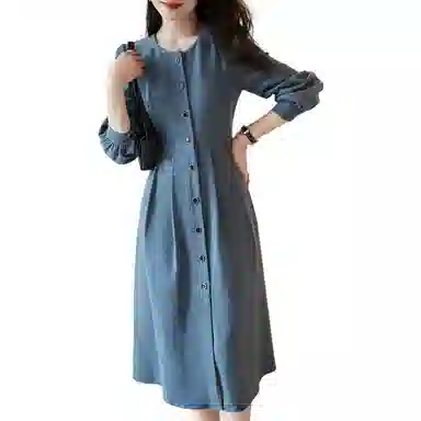 【dme】 圆领复古蓝长袖连衣裙 灰蓝