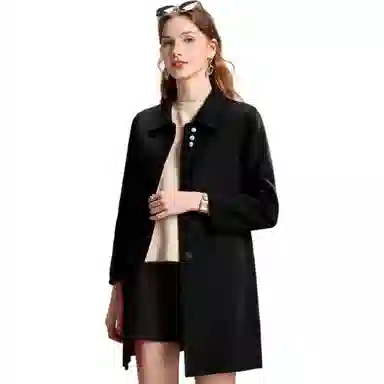 粉红玛琍 纯色中长款修身翻领长袖大衣 女款