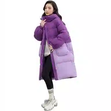 鸭鸭 中长款连帽撞色拼色韩版甜美校园风通勤时尚百搭羽绒服 女款