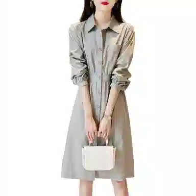 【dme】 优雅新款翻领简约基础宽松长袖连衣裙 水蓝