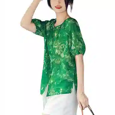 【dme】 薄荷曼波系列 小清新圆领印花花苞袖宽松短袖衬衫 女款 藻绿