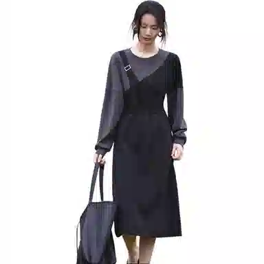 【dme】 圆领拼接假两件长袖连衣裙 女款 黑色