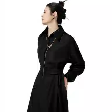 美洋 风衣式直筒长袖连衣裙 黑色